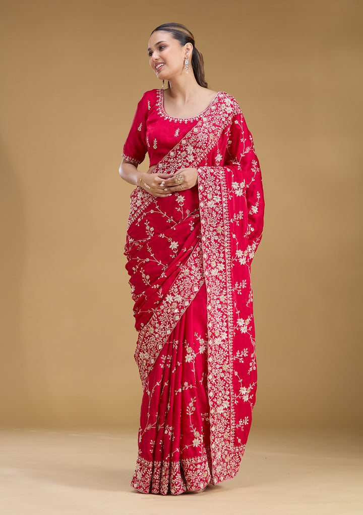 Rani Pink Satin Aariwork Saree With Matching Blouse Piece