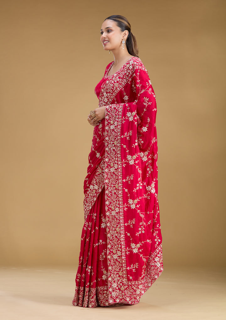 Rani Pink Satin Aariwork Saree With Matching Blouse Piece