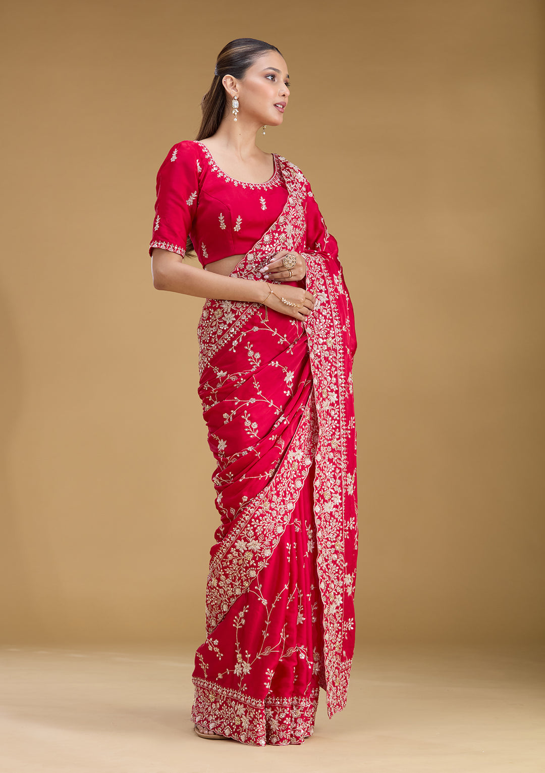 Rani Pink Satin Aariwork Saree With Matching Blouse Piece