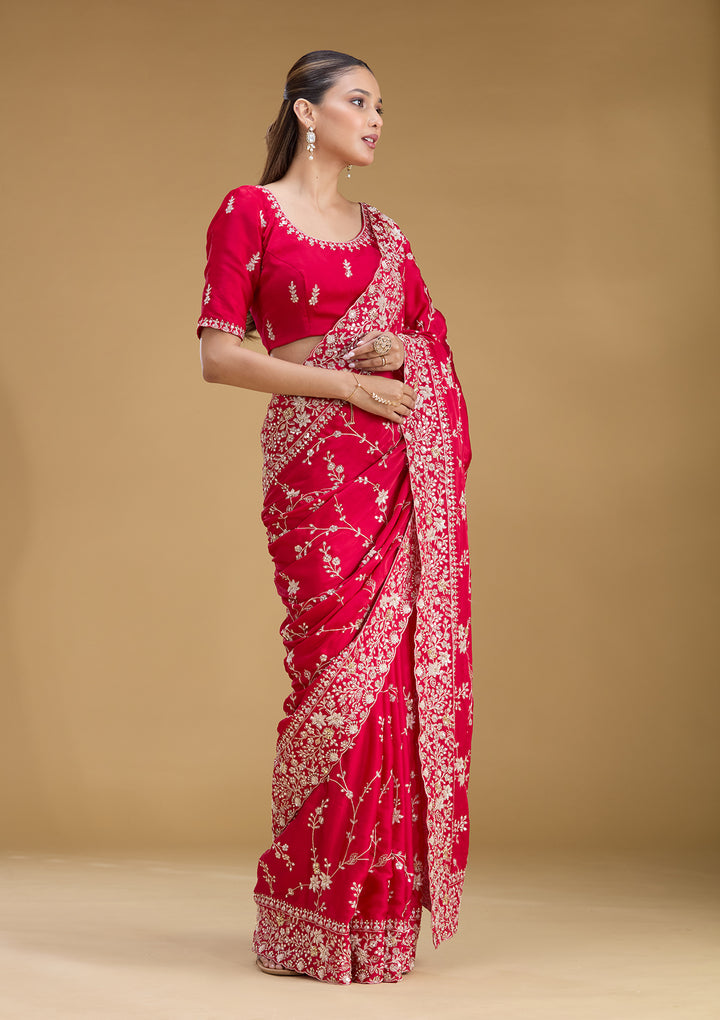 Rani Pink Satin Aariwork Saree With Matching Blouse Piece