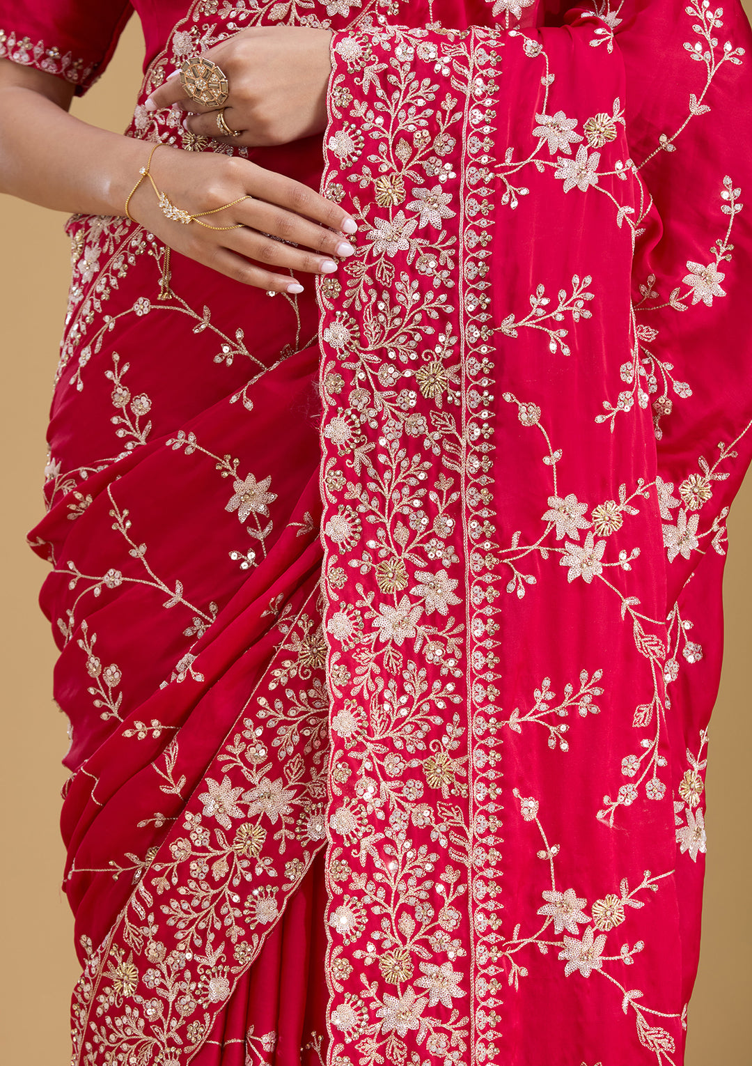 Rani Pink Satin Aariwork Saree With Matching Blouse Piece