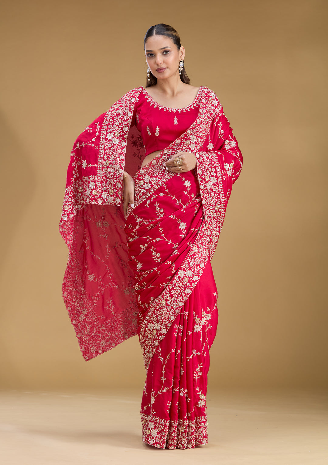 Rani Pink Satin Aariwork Saree With Matching Blouse Piece