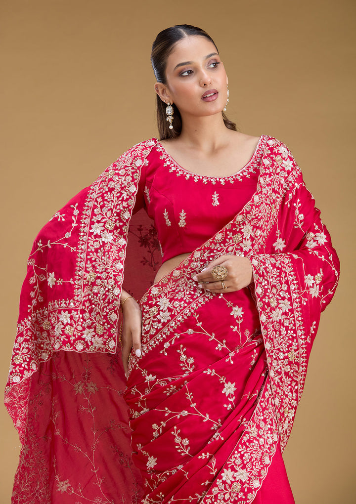 Rani Pink Satin Aariwork Saree With Matching Blouse Piece