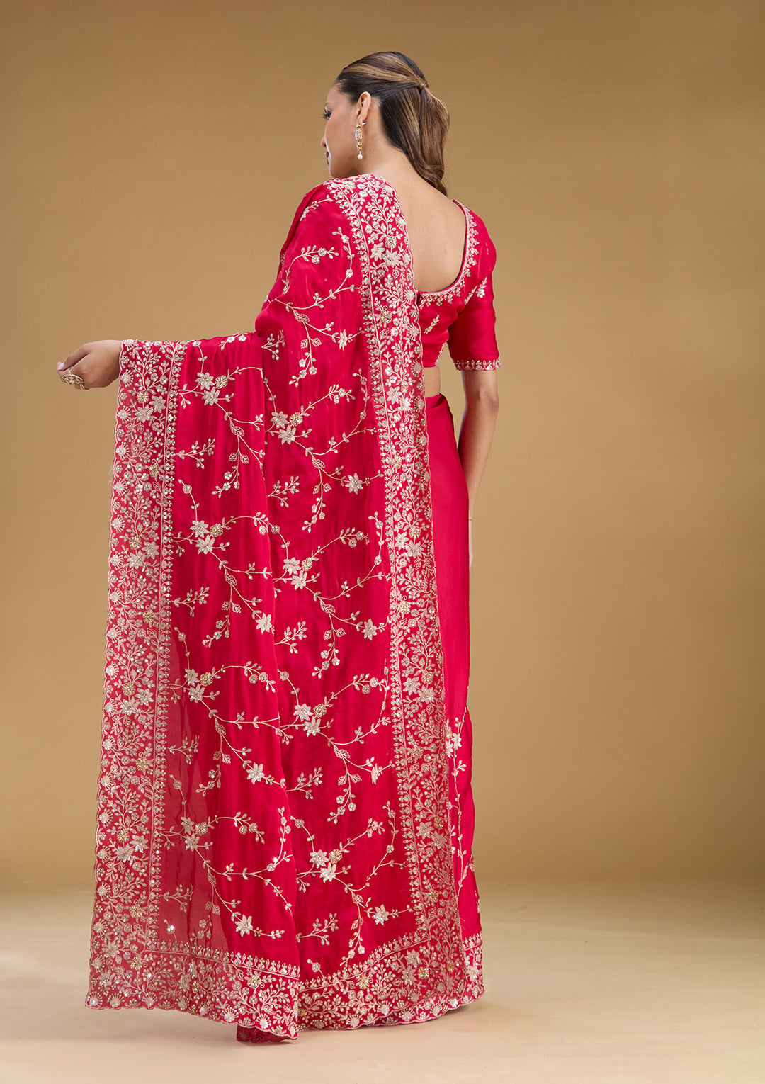 Rani Pink Satin Aariwork Saree With Matching Blouse Piece