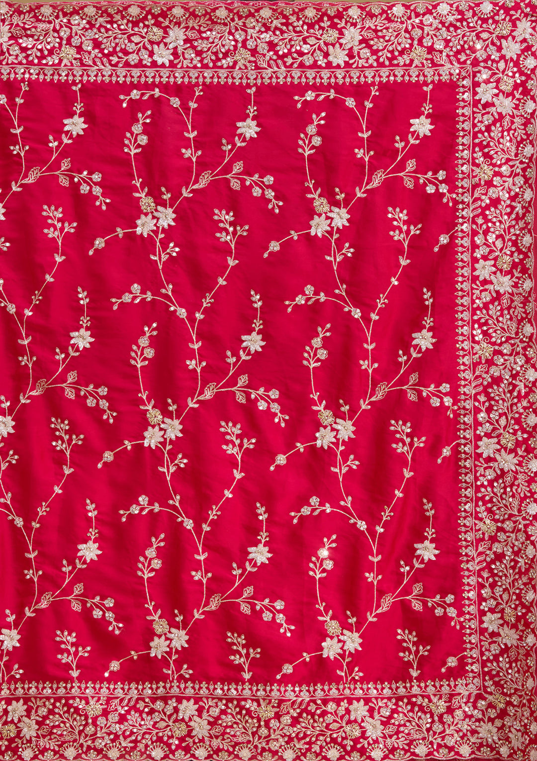 Rani Pink Satin Aariwork Saree With Matching Blouse Piece