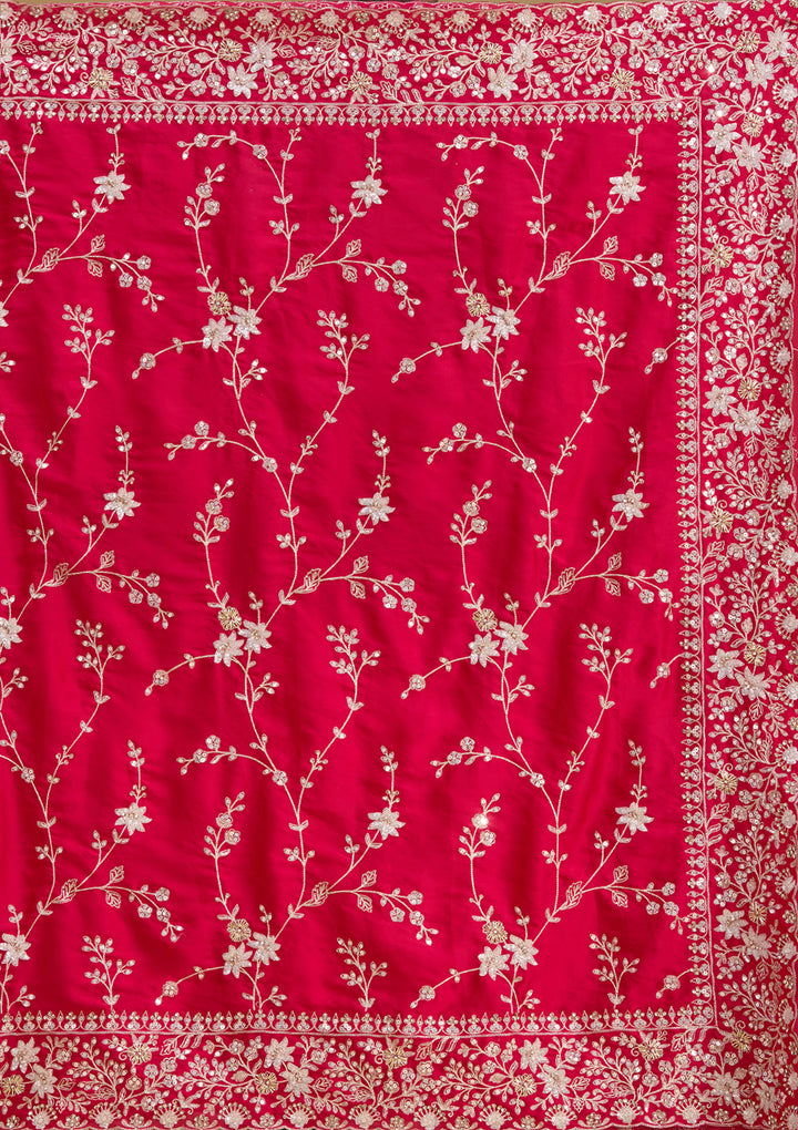 Rani Pink Satin Aariwork Saree With Matching Blouse Piece