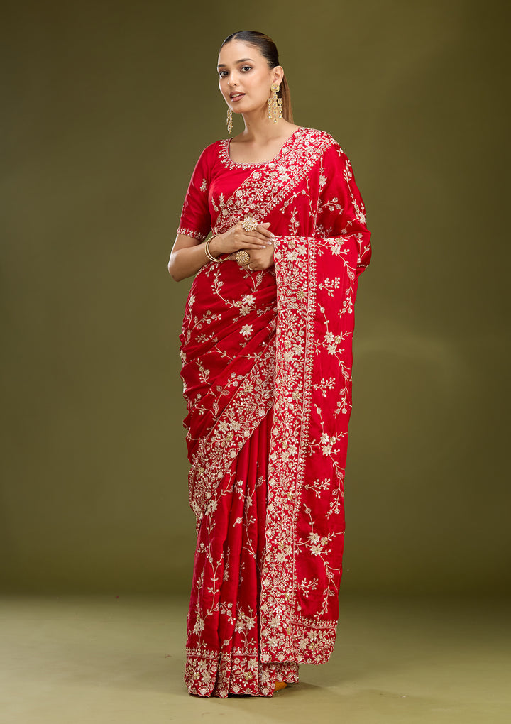 Red Satin Aariwork Saree With Matching Blouse Piece