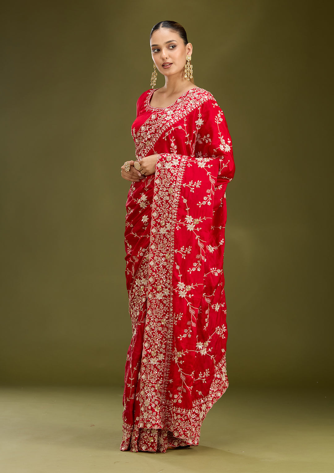 Red Satin Aariwork Saree With Matching Blouse Piece