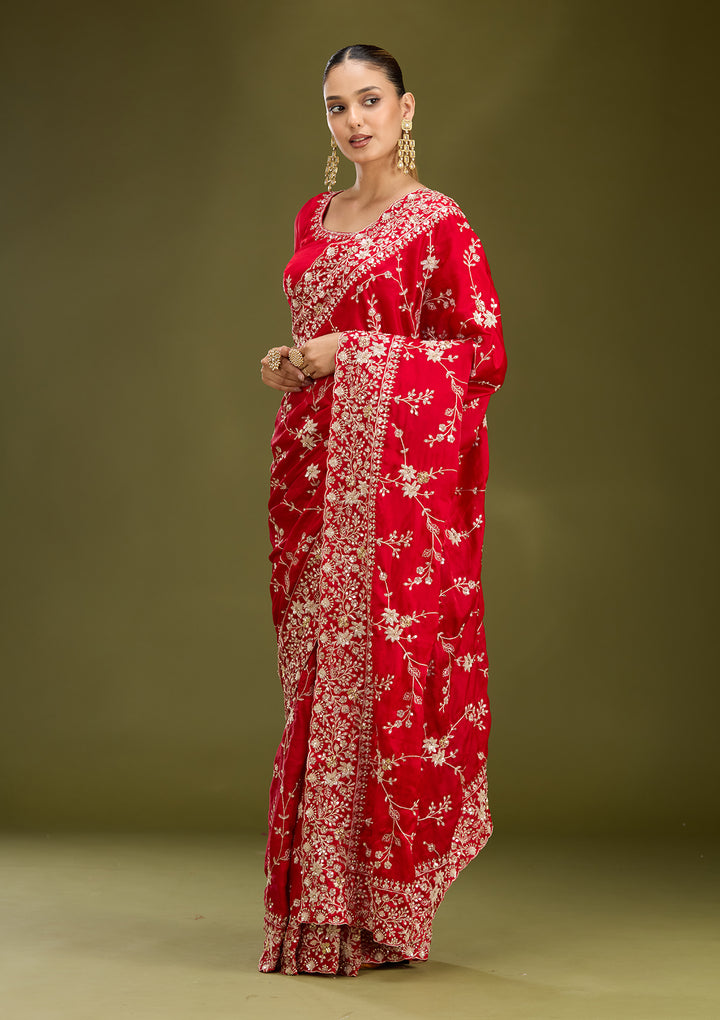 Red Satin Aariwork Saree With Matching Blouse Piece