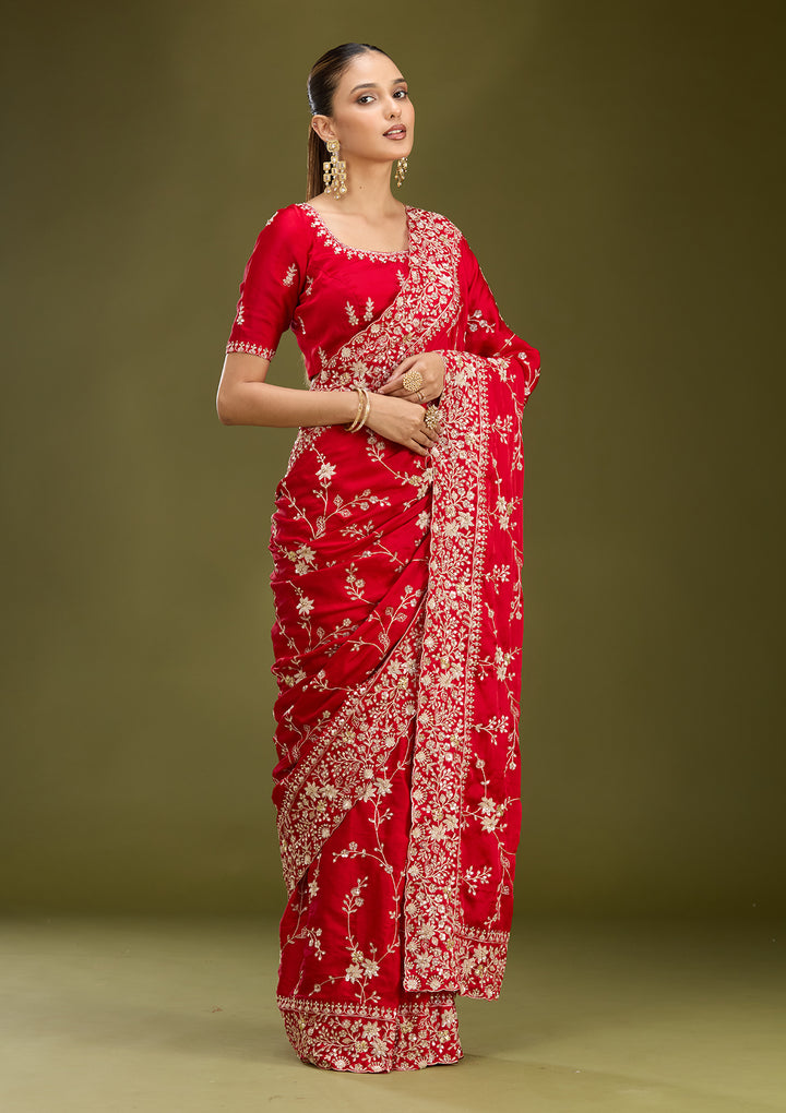 Red Satin Aariwork Saree With Matching Blouse Piece
