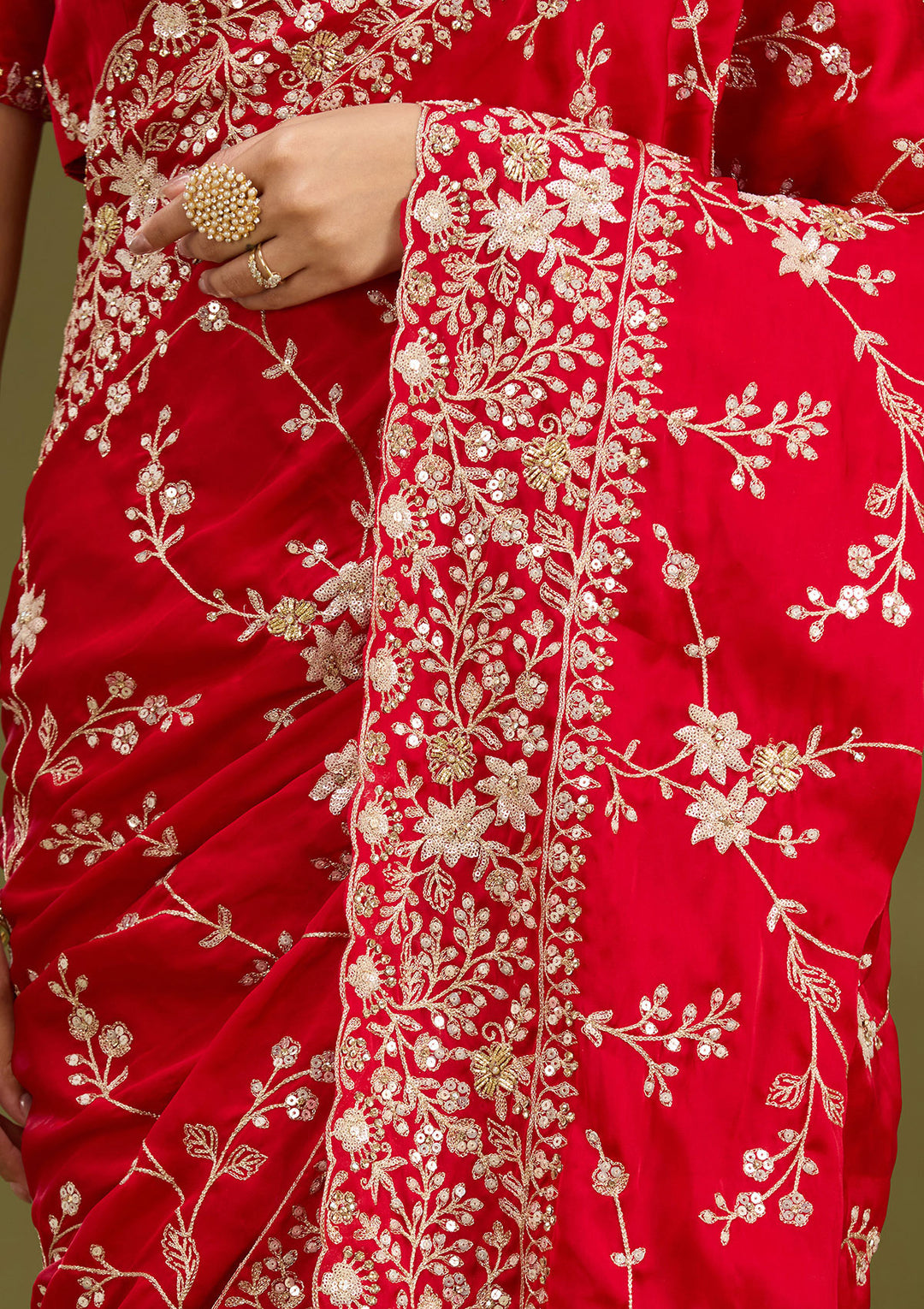 Red Satin Aariwork Saree With Matching Blouse Piece