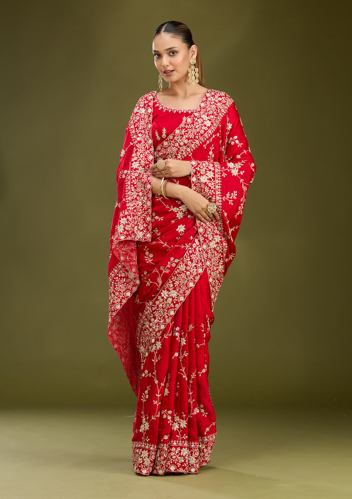 Red Satin Aariwork Saree With Matching Blouse Piece
