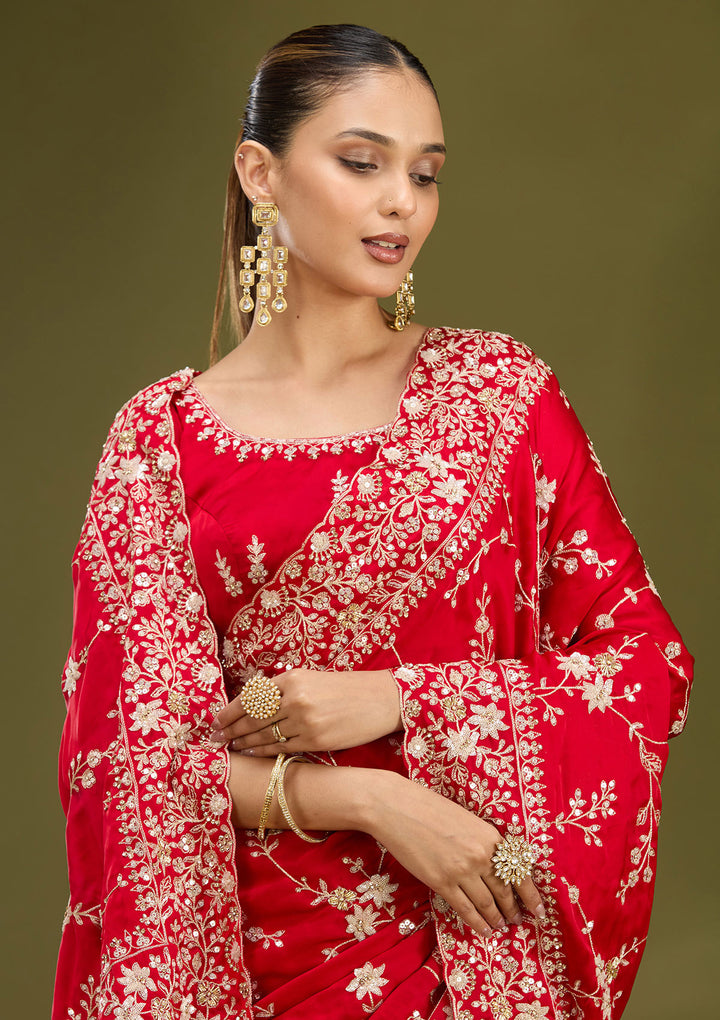 Red Satin Aariwork Saree With Matching Blouse Piece