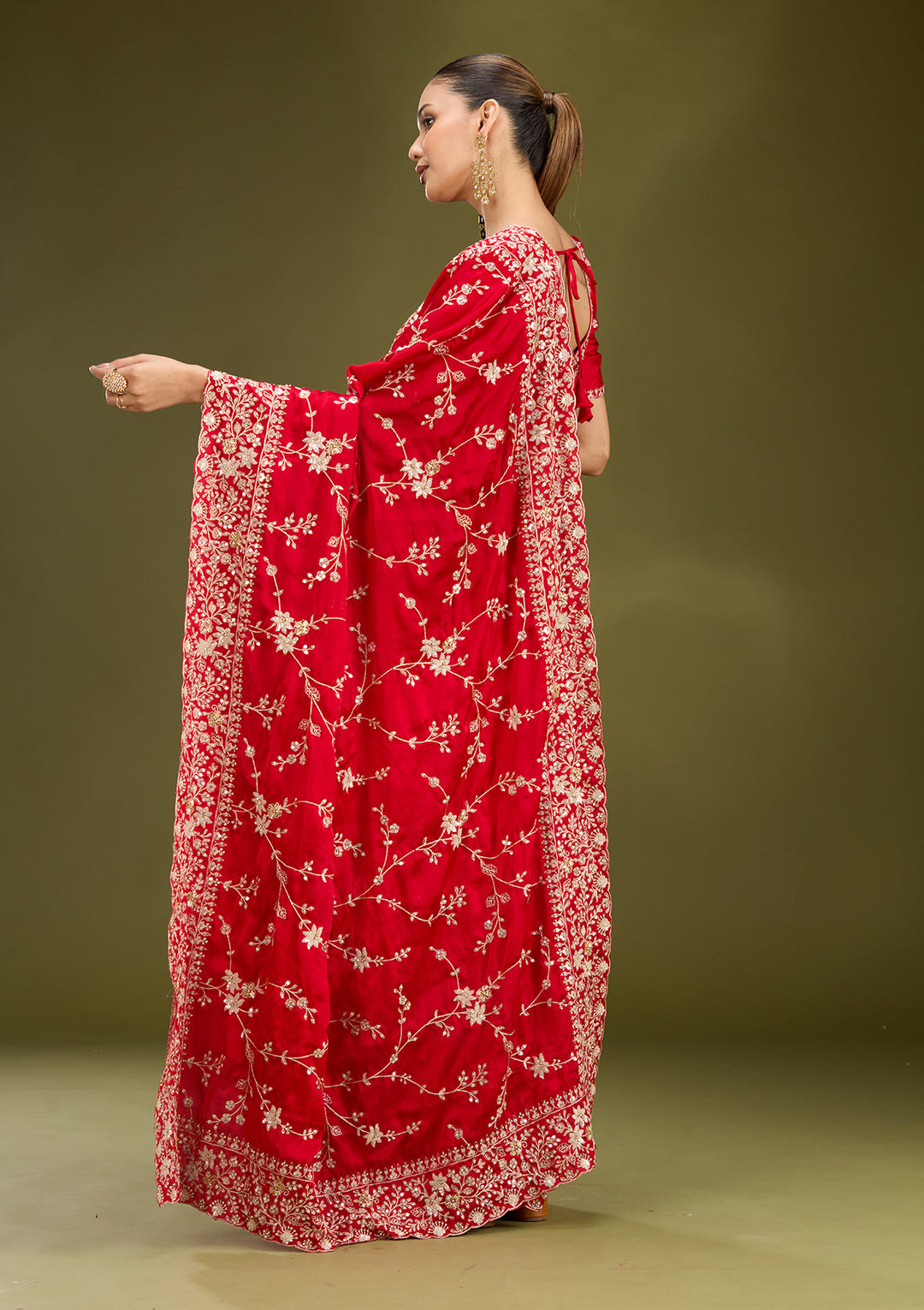 Red Satin Aariwork Saree With Matching Blouse Piece