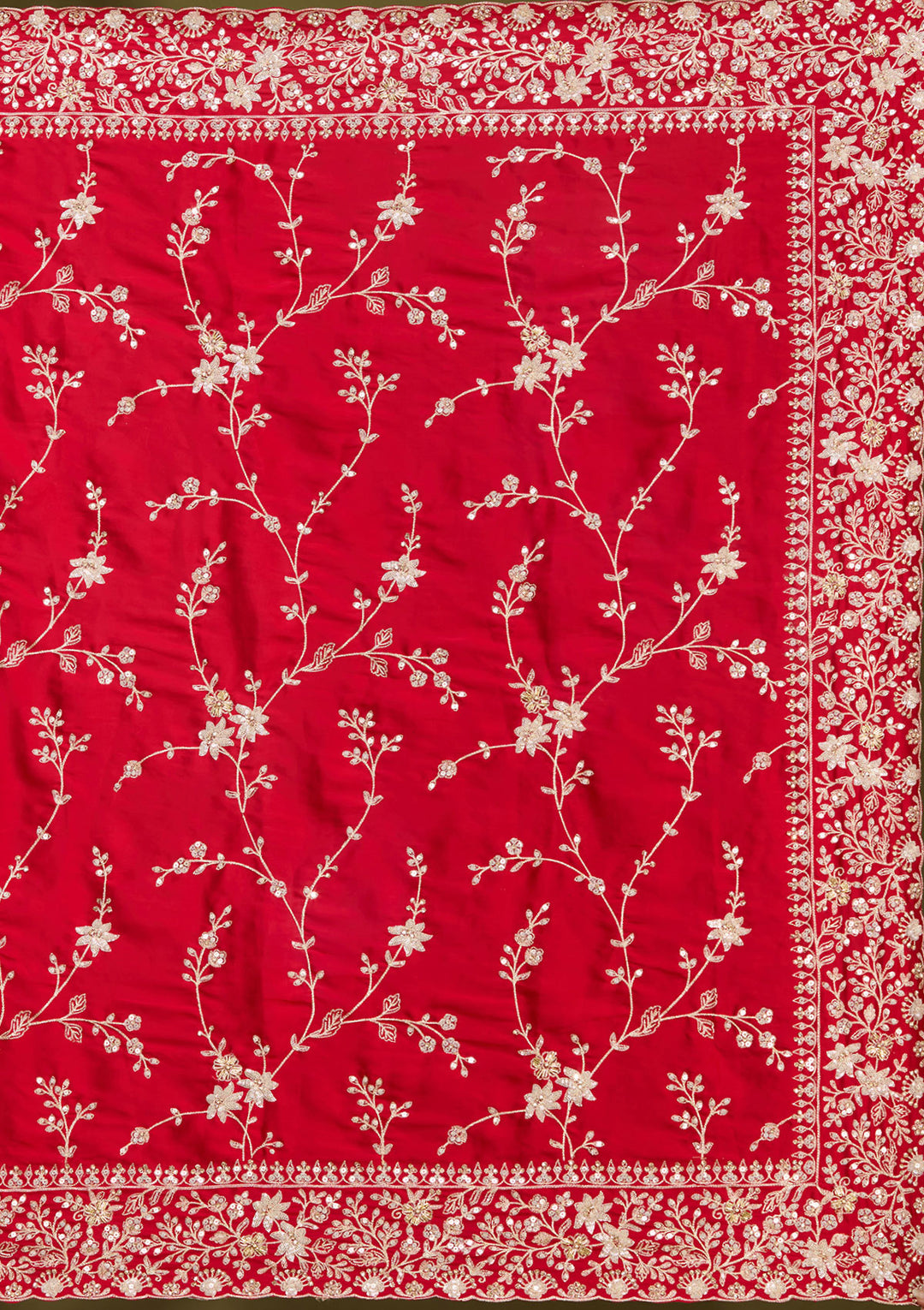 Red Satin Aariwork Saree With Matching Blouse Piece