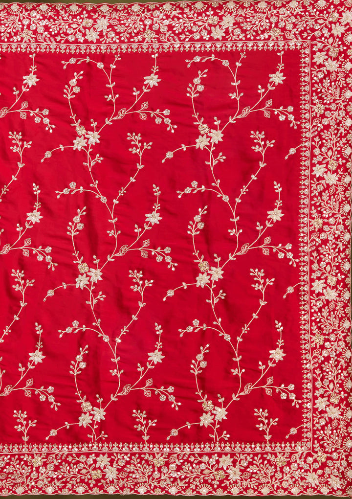 Red Satin Aariwork Saree With Matching Blouse Piece