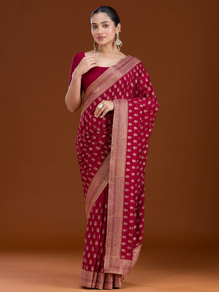 Maroon Soft Raw Silk Antique Zariwork Saree With Matching Blouse Piece