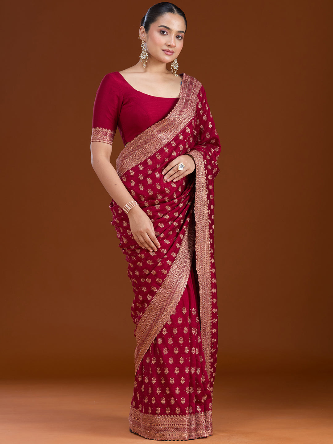 Maroon Soft Raw Silk Antique Zariwork Saree With Matching Blouse Piece