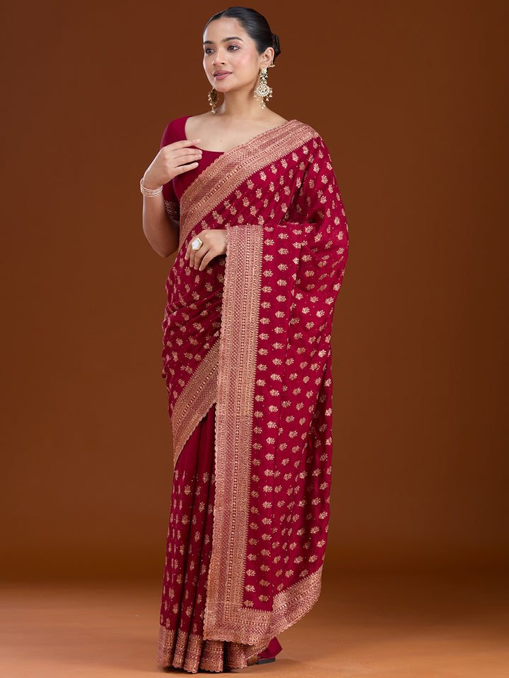 Maroon Soft Raw Silk Antique Zariwork Saree With Matching Blouse Piece
