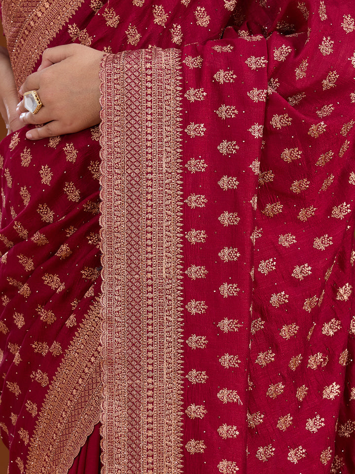Maroon Soft Raw Silk Antique Zariwork Saree With Matching Blouse Piece