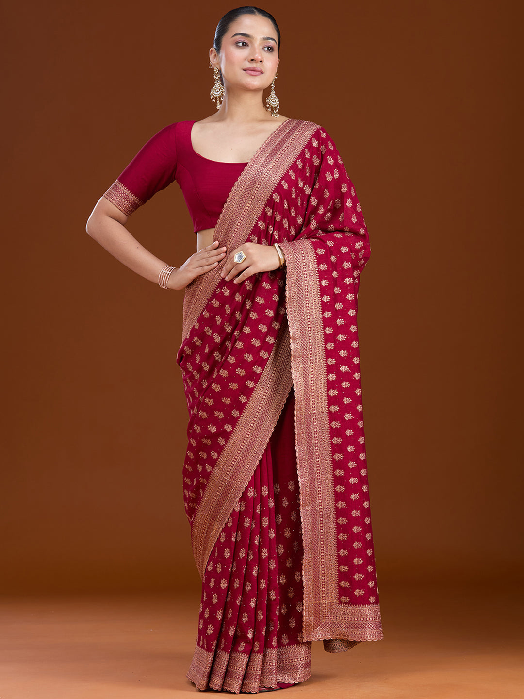 Maroon Soft Raw Silk Antique Zariwork Saree With Matching Blouse Piece
