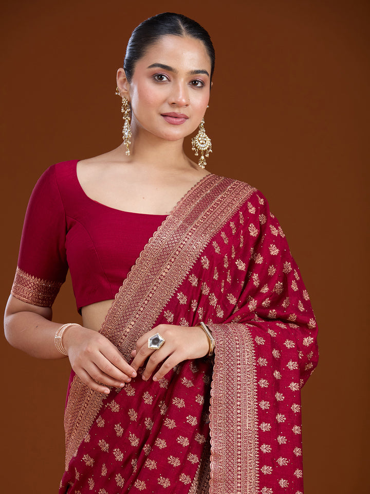 Maroon Soft Raw Silk Antique Zariwork Saree With Matching Blouse Piece
