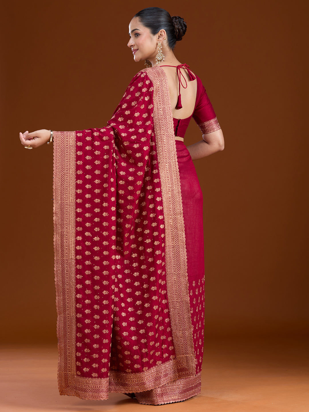 Maroon Soft Raw Silk Antique Zariwork Saree With Matching Blouse Piece