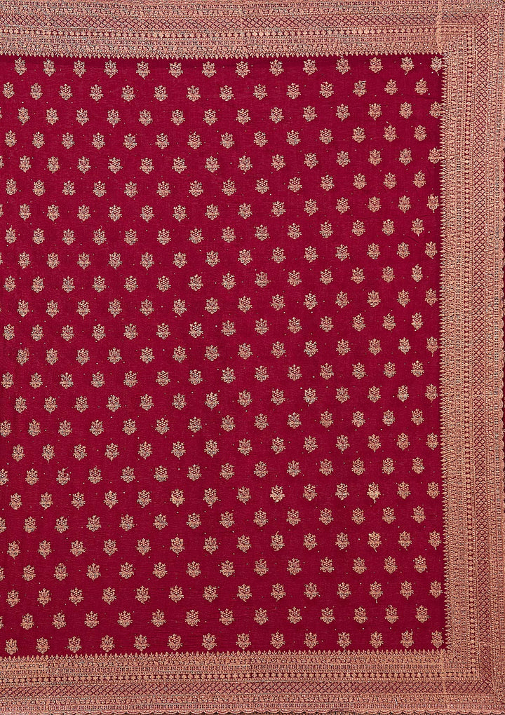 Maroon Soft Raw Silk Antique Zariwork Saree With Matching Blouse Piece