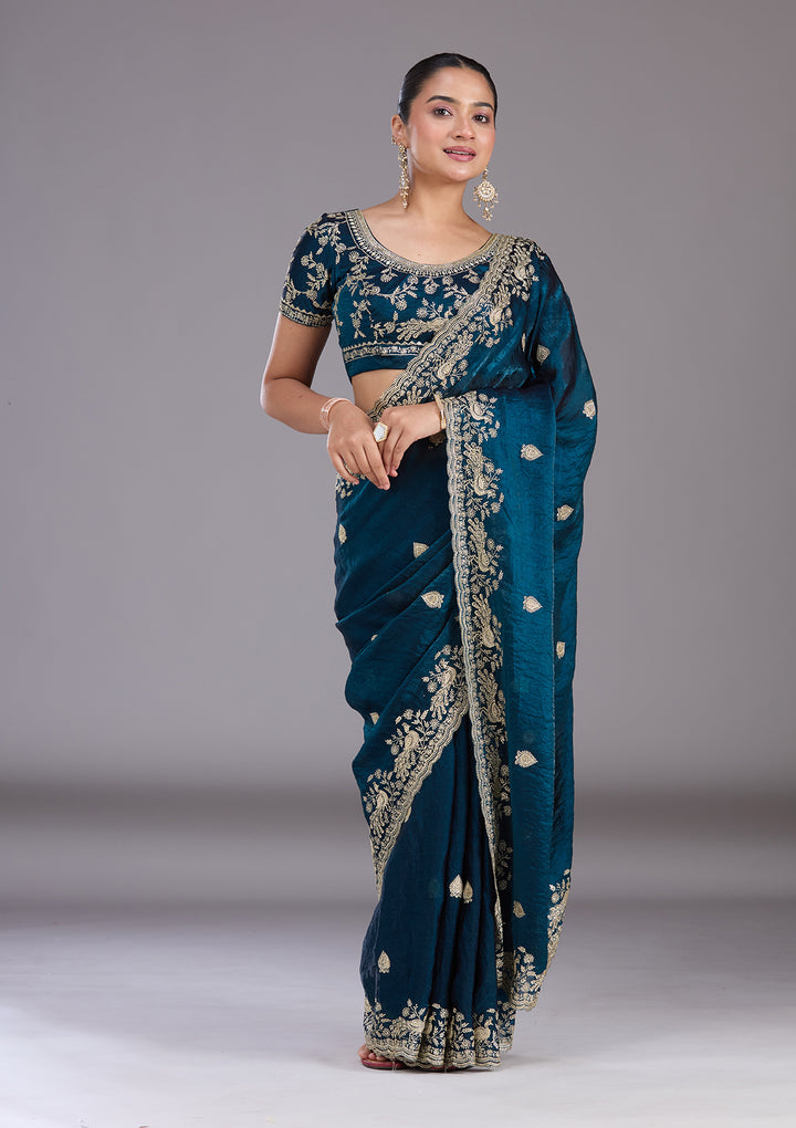 Peacock Blue Tissue Gold Zariwork Saree With Matching Blouse Piece
