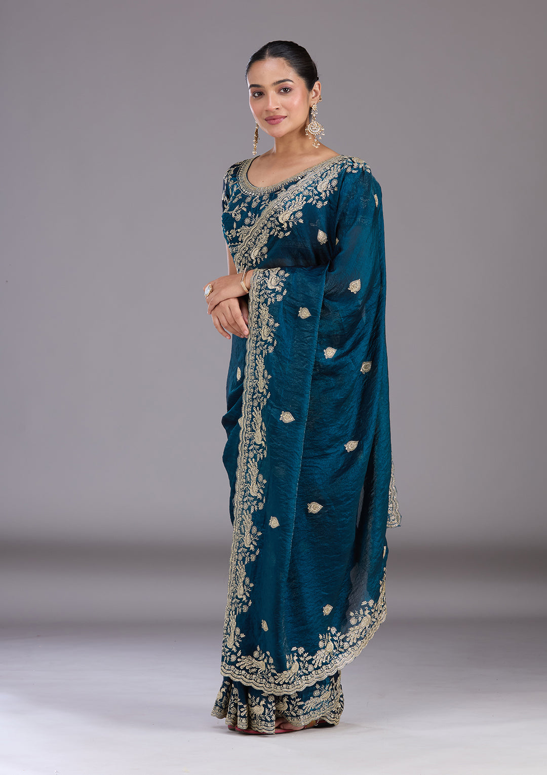 Peacock Blue Tissue Gold Zariwork Saree With Matching Blouse Piece