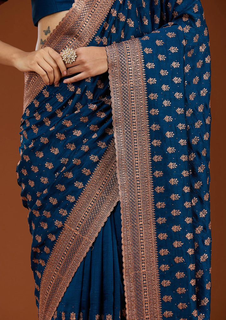 Peacock Blue Soft Raw Silk Antique Zariwork Saree With Matching Blouse Piece