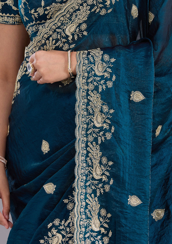 Peacock Blue Tissue Gold Zariwork Saree With Matching Blouse Piece