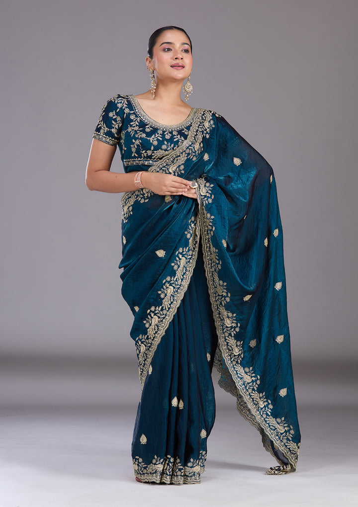 Peacock Blue Tissue Gold Zariwork Saree With Matching Blouse Piece