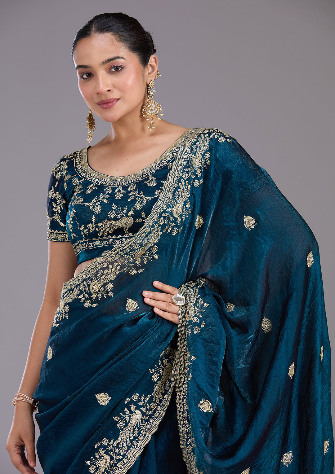 Peacock Blue Tissue Gold Zariwork Saree With Matching Blouse Piece