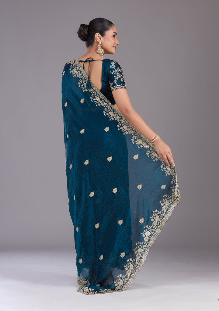 Peacock Blue Tissue Gold Zariwork Saree With Matching Blouse Piece