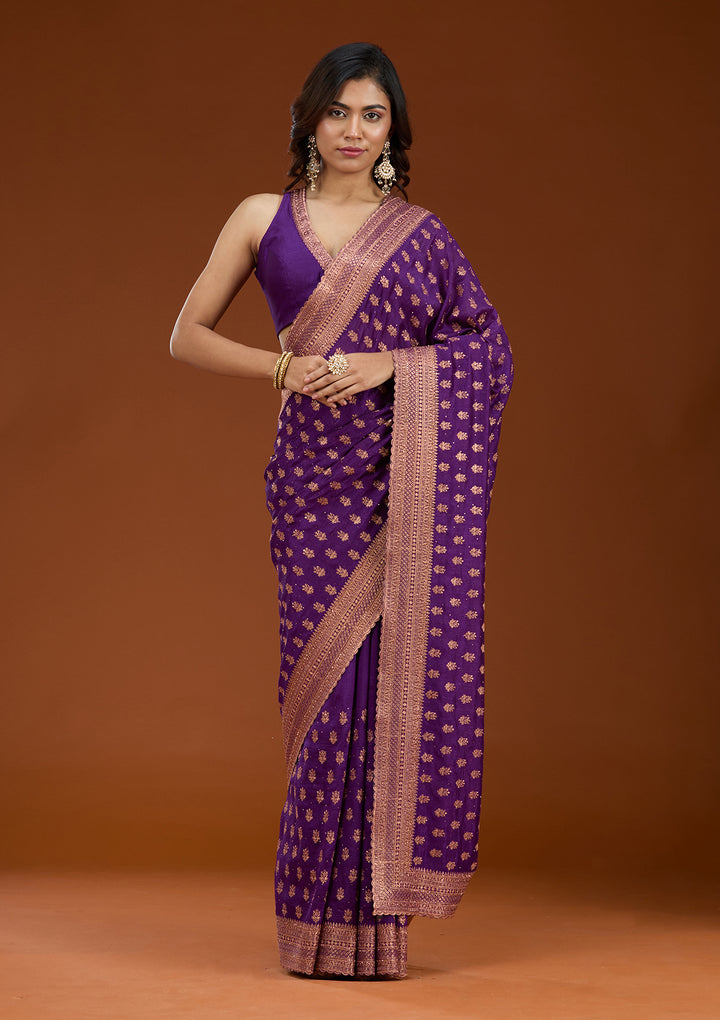 Purple Soft Raw Silk Antique Zariwork Saree With Matching Blouse Piece