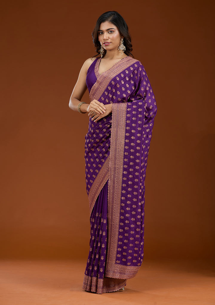 Purple Soft Raw Silk Antique Zariwork Saree With Matching Blouse Piece