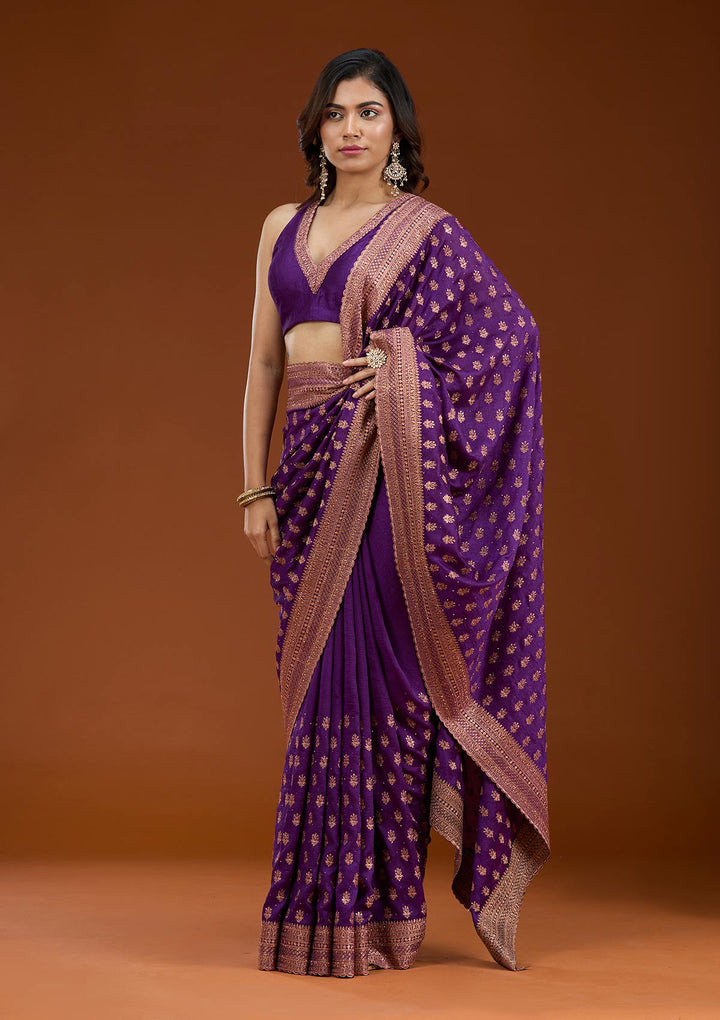 Purple Soft Raw Silk Antique Zariwork Saree With Matching Blouse Piece