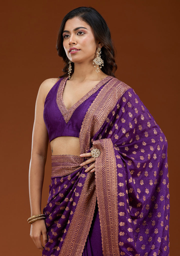 Purple Soft Raw Silk Antique Zariwork Saree With Matching Blouse Piece