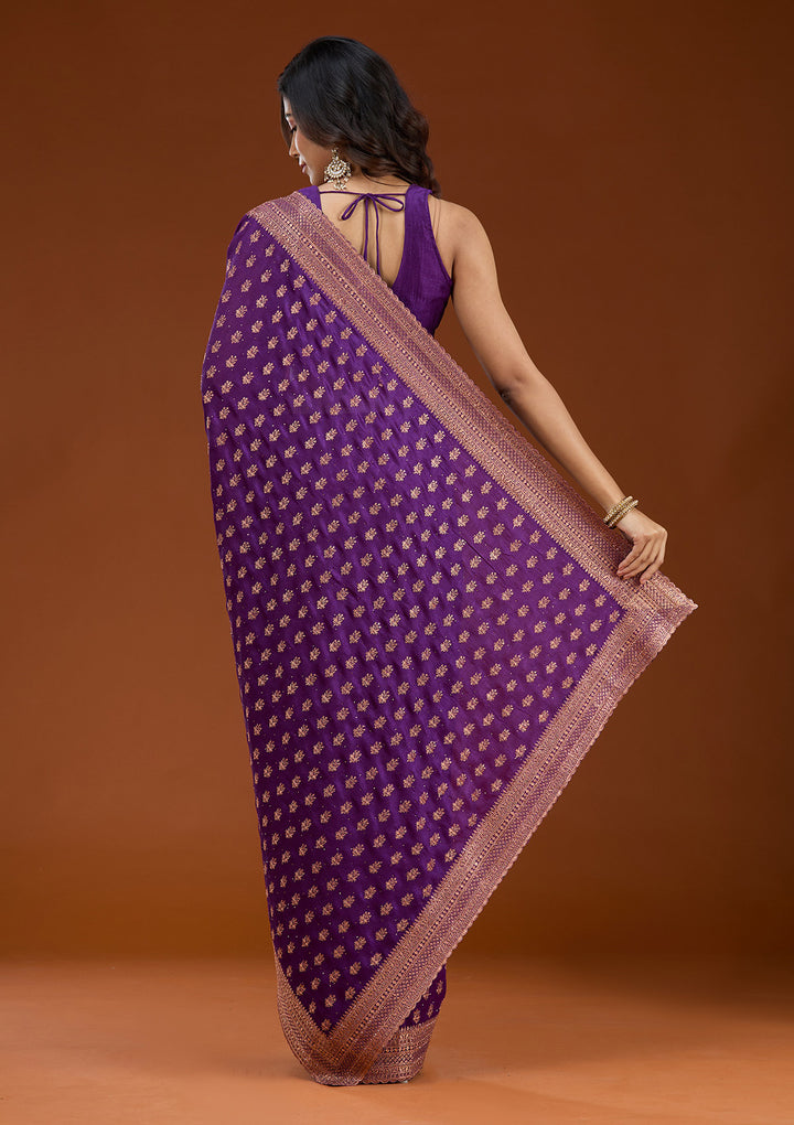 Purple Soft Raw Silk Antique Zariwork Saree With Matching Blouse Piece