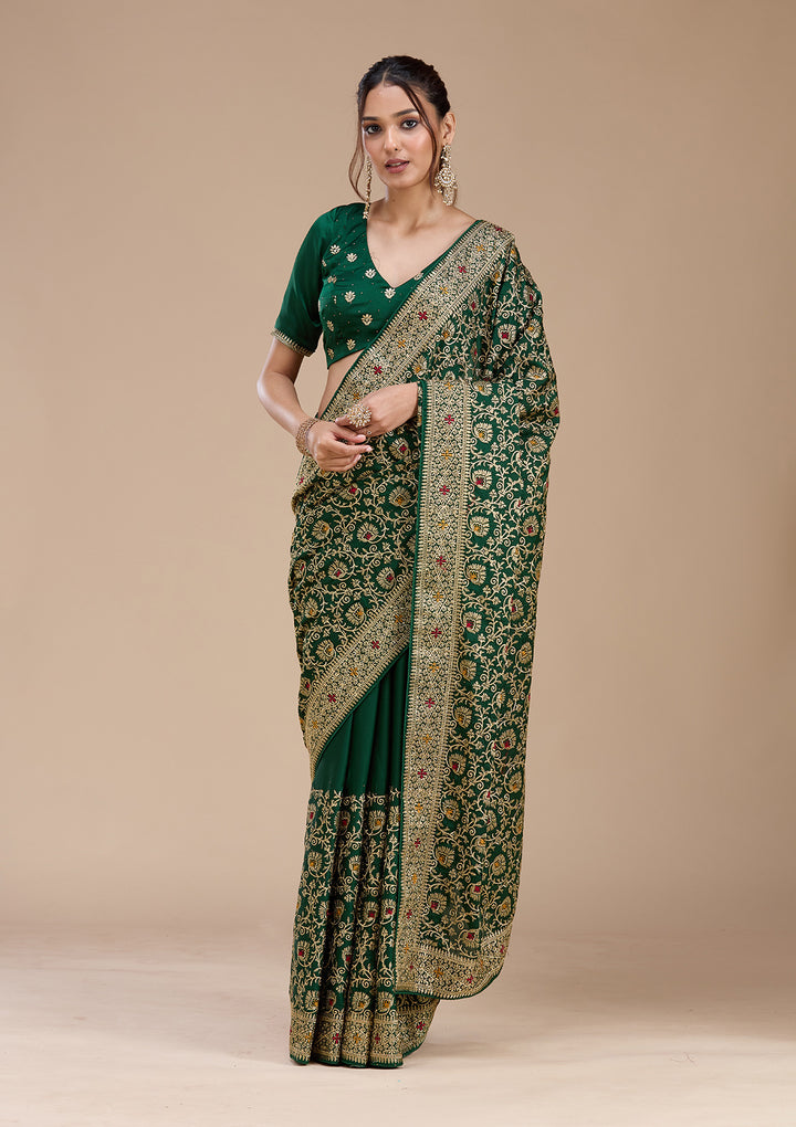 Bottle Green Soft Raw Silk Gold Zariwork Saree With Matching Blouse Piece