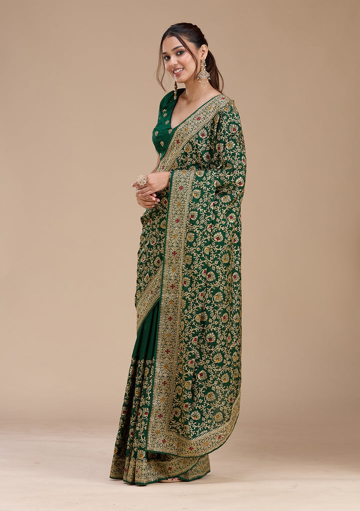 Bottle Green Soft Raw Silk Gold Zariwork Saree With Matching Blouse Piece