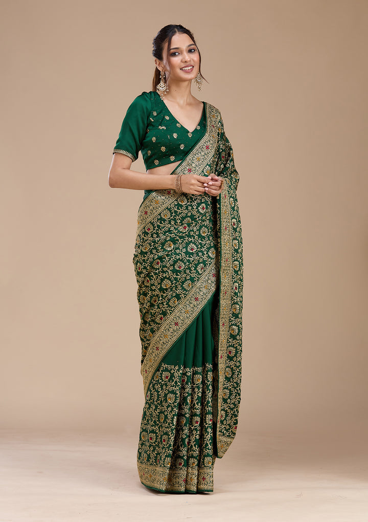 Bottle Green Soft Raw Silk Gold Zariwork Saree With Matching Blouse Piece