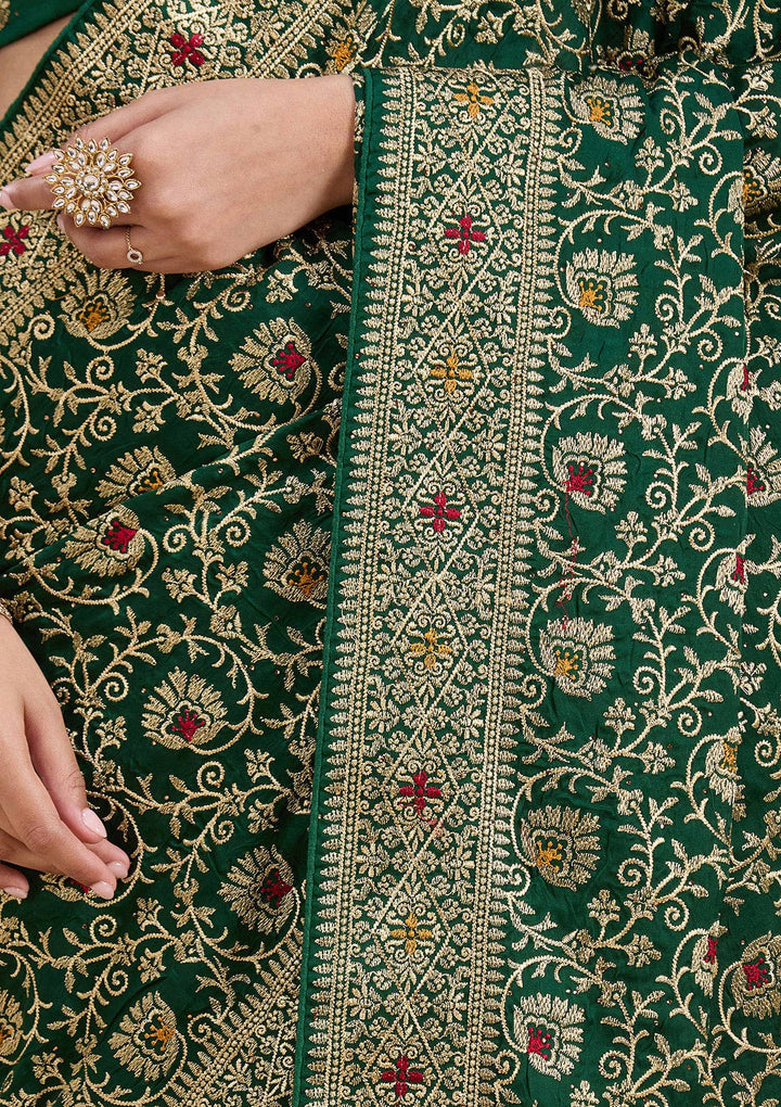 Bottle Green Soft Raw Silk Gold Zariwork Saree With Matching Blouse Piece