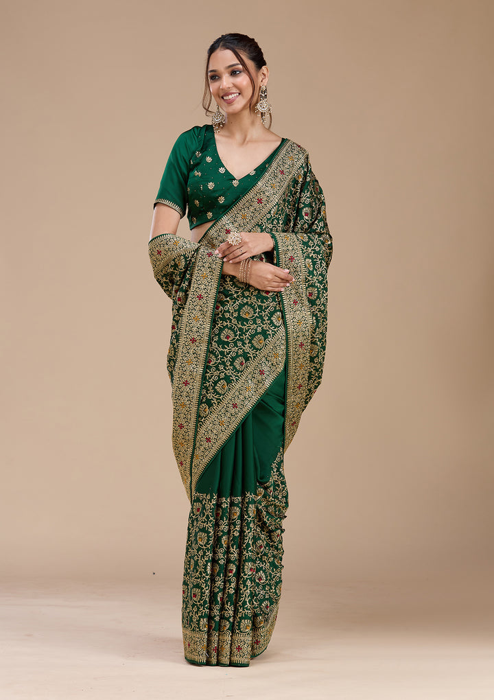 Bottle Green Soft Raw Silk Gold Zariwork Saree With Matching Blouse Piece