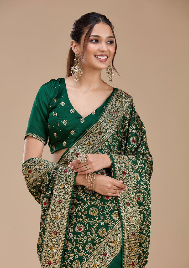 Bottle Green Soft Raw Silk Gold Zariwork Saree With Matching Blouse Piece
