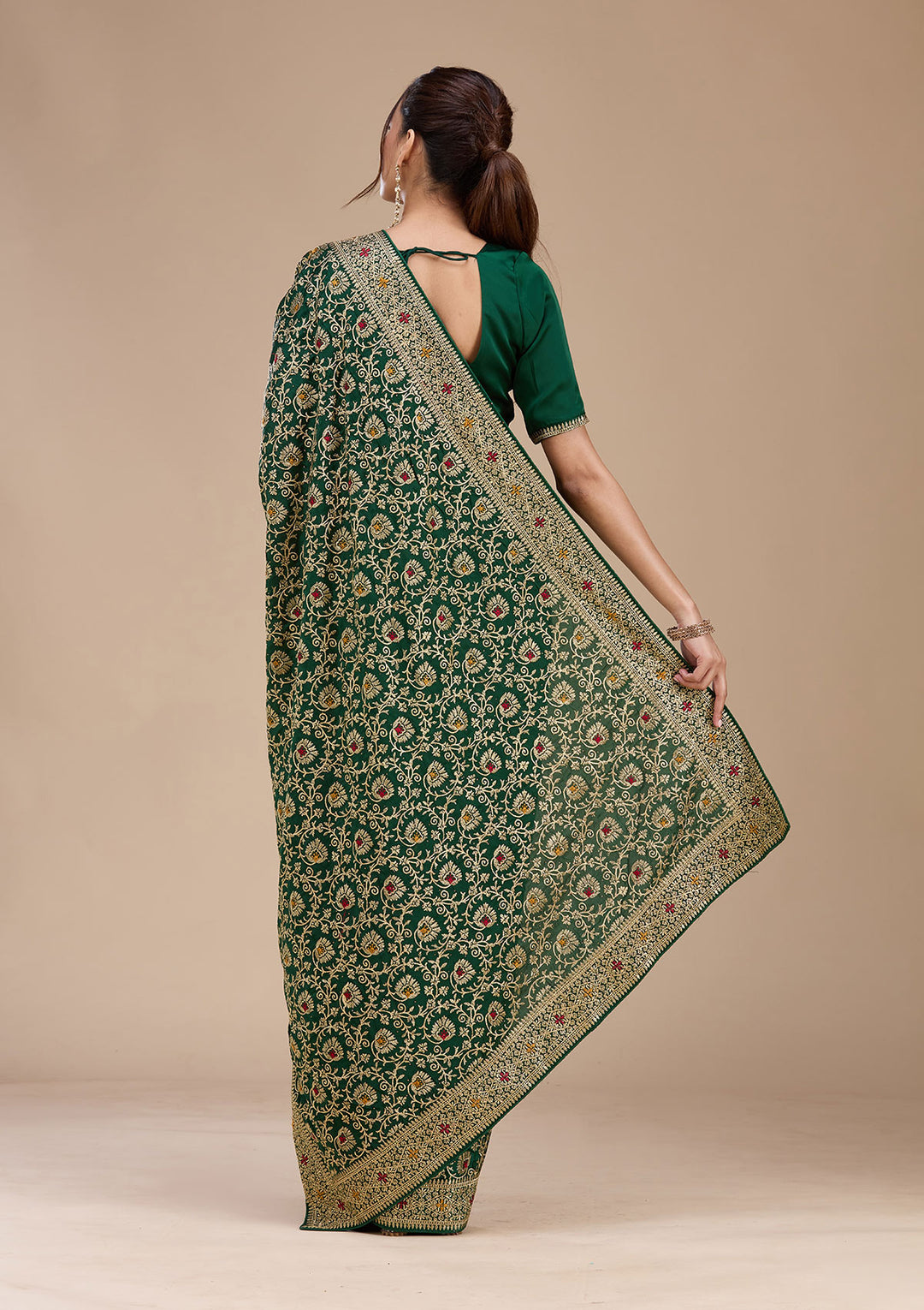 Bottle Green Soft Raw Silk Gold Zariwork Saree With Matching Blouse Piece