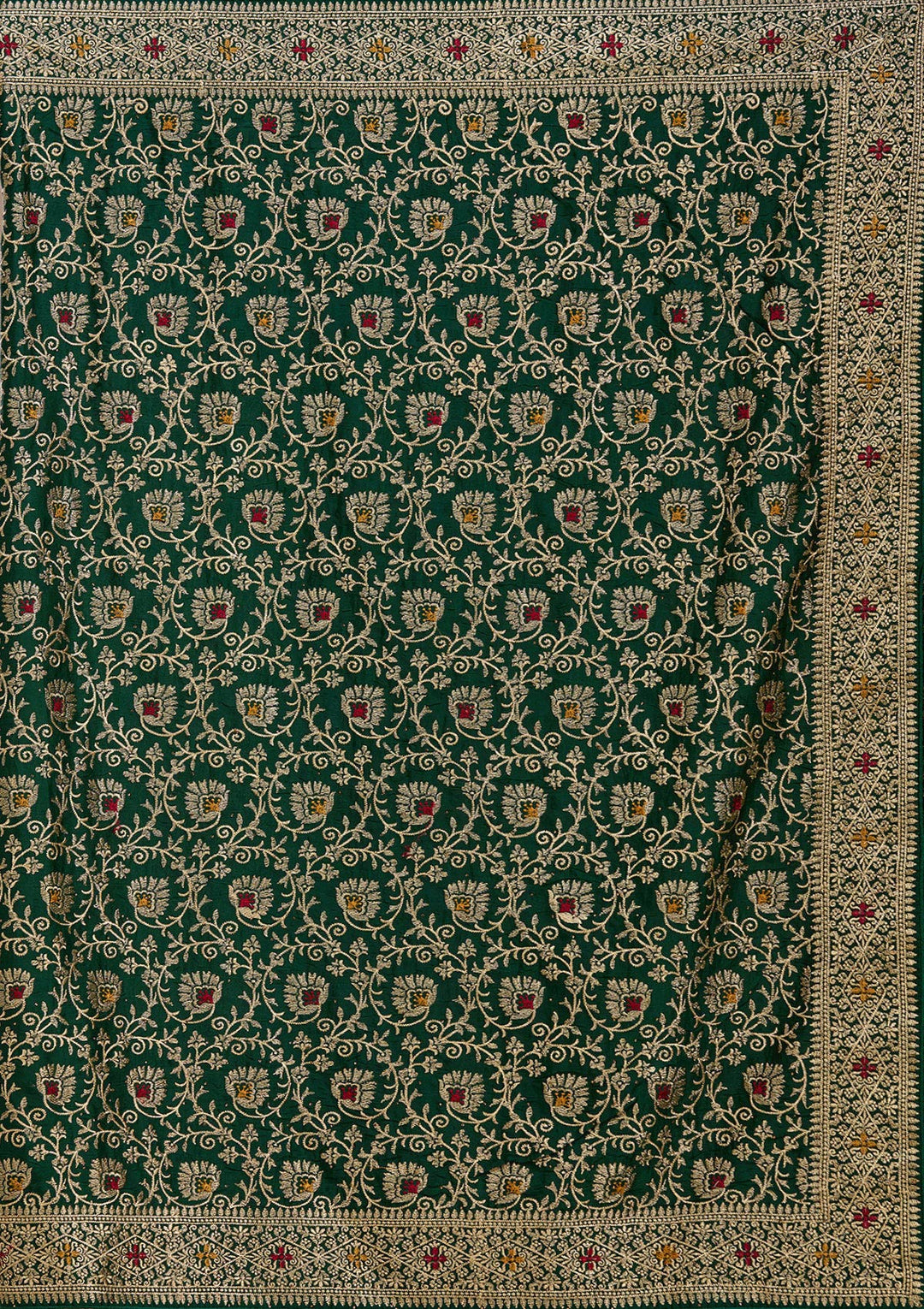 Bottle Green Soft Raw Silk Gold Zariwork Saree With Matching Blouse Piece