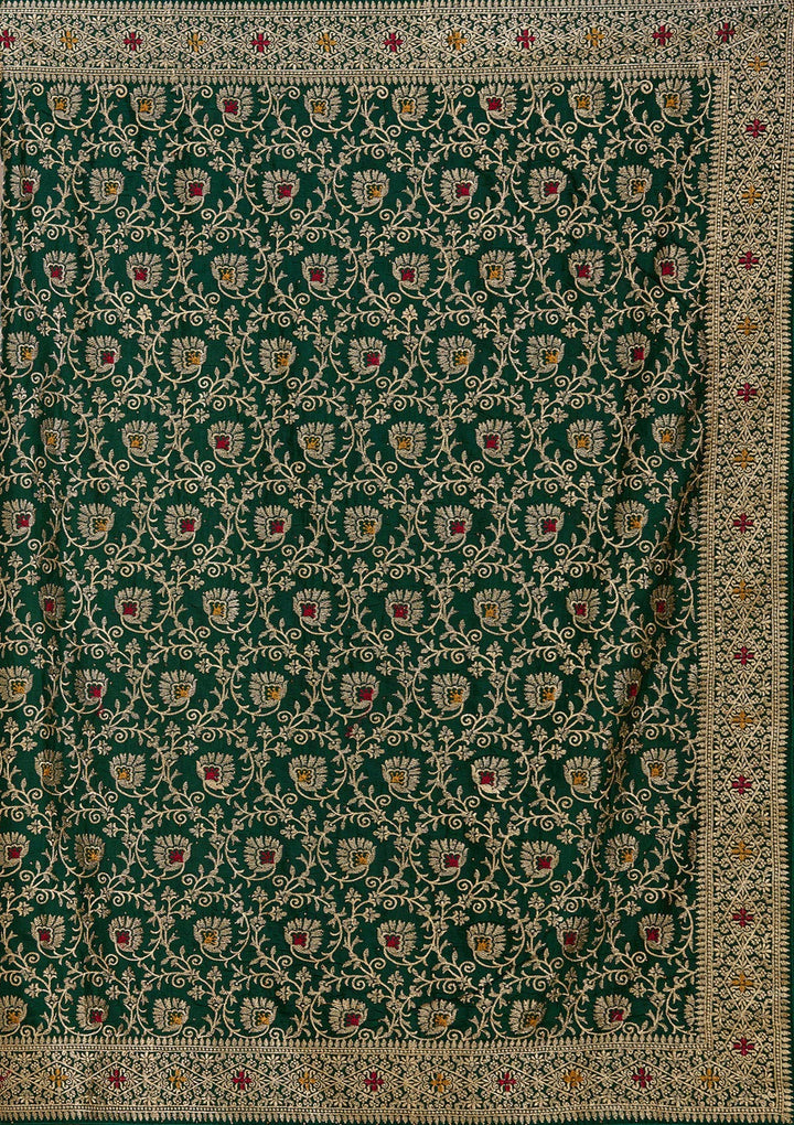 Bottle Green Soft Raw Silk Gold Zariwork Saree With Matching Blouse Piece