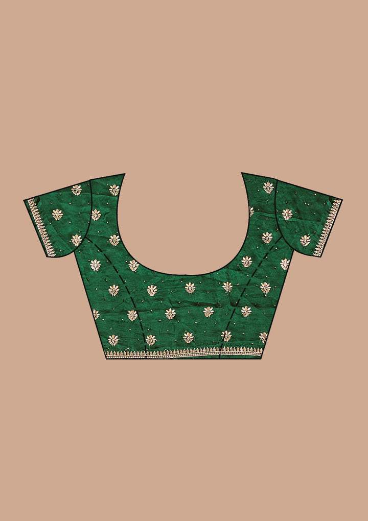 Bottle Green Soft Raw Silk Gold Zariwork Saree With Matching Blouse Piece